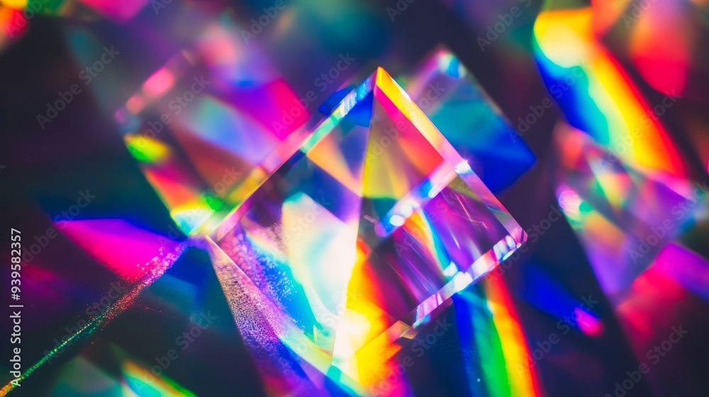 A close-up of a crystal prism reflecting vibrant rainbow colors, showcasing light refraction and artistic beauty. A close-up of a crystal prism reflecting vibrant rainbow colors, showcasing light refraction and artistic beauty.