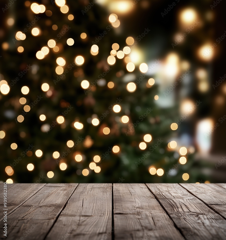 A rustic wooden table in the foreground with a blurred Christmas tree adorned with twinkling lights in the background, ideal for product display or holiday-themed design. A rustic wooden table in the foreground with a blurred Christmas tree adorned with twinkling lights in the background, ideal for product display or holiday-themed design.