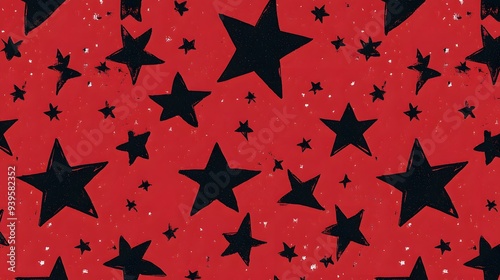 Black Stars on Red Background, Abstract Image, Texture, Pattern, Wallpaper, Cover and Screen of Smartphone, Cell Phone, Computer, Laptop, 9:16 and 16:9 Format