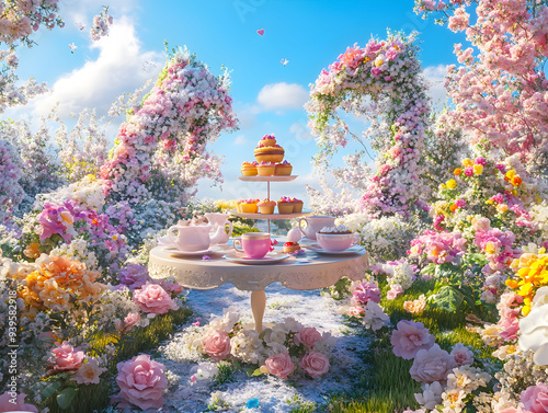 Whimsical 3D Pastel Tea Party in Enchanting Garden Setting with Blooming Flowers, Teacups, Cakes, and Blue Sky
