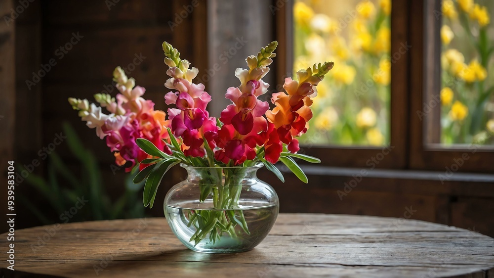 stock photography snapdragon flower in a beautiful vase with a background of wooden table stock photography snapdragon flower in a beautiful vase with a background of wooden table