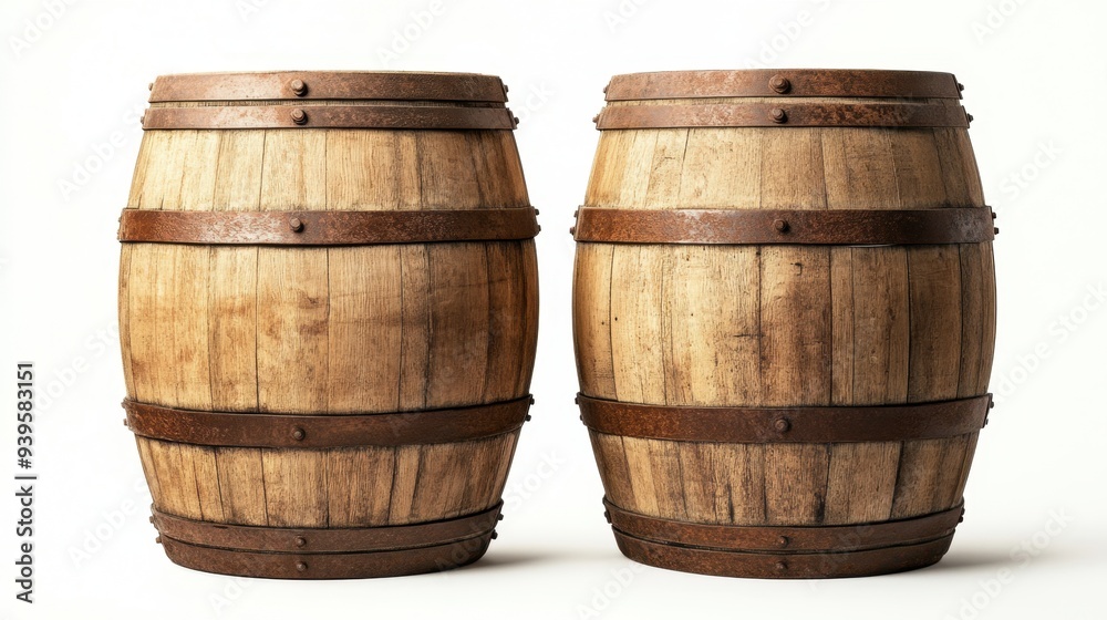 Two large wooden wine barrels isolated against a plain white background, displaying classic craftsmanship and rustic textures. Two large wooden wine barrels isolated against a plain white background, displaying classic craftsmanship and rustic textures.