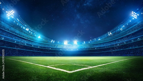 beautiful sports stadium with a green grass field shines with blue spotlights at night with stars. Sports tournament, world championship