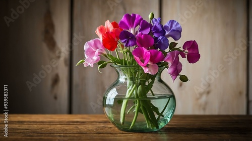 stock photography sweet pea flower in a beautiful vase with a background of wooden table photo