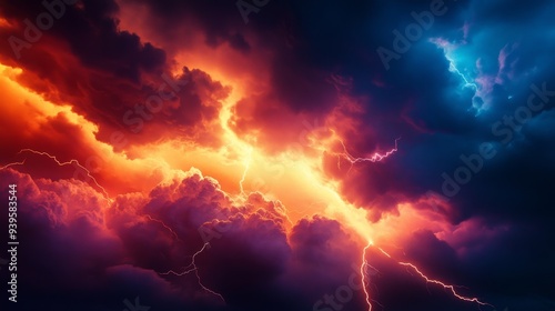 A mesmerizing sky with dark and vibrant clouds illuminated by bright lightning bolts, symbolizing the power of nature, the clash of elements, and the beauty of chaos.