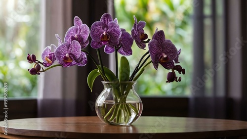 stock photography vanda orchid flower in a beautiful vase with a background of wooden table