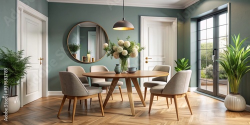 Modern Dining Room with Green Walls and Wooden Table, interior design, home decor, dining room furniture, green walls