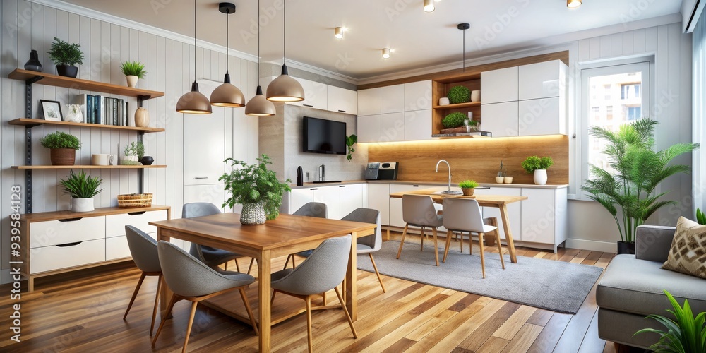 Modern Kitchen Interior Design with White Cabinets and Wooden Accents, Dining Table with Gray Chairs, House Plants, Natural Lighting, Interior Design, Modern Kitchen, Home Decor Modern Kitchen Interior Design with White Cabinets and Wooden Accents, Dining Table with Gray Chairs, House Plants, Natural Lighting, Interior Design, Modern Kitchen, Home Decor