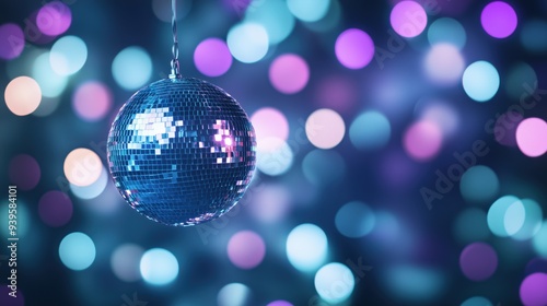 Glowing disco mirror ball against a vibrant backdrop of multi-colored bokeh lights, evoking a retro party atmosphere.