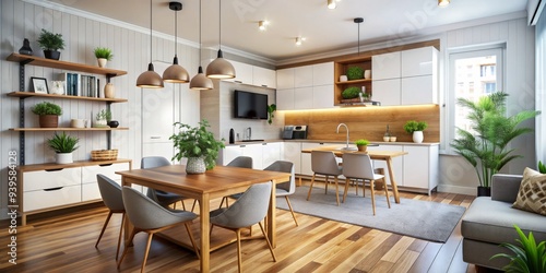 Wallpaper Mural Modern Kitchen Interior Design with White Cabinets and Wooden Accents, Dining Table with Gray Chairs, House Plants, Natural Lighting, Interior Design, Modern Kitchen, Home Decor Torontodigital.ca