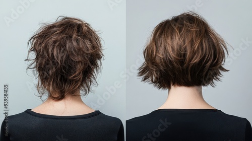 A person's hair is styled from a tousled look to a sleek, polished bob cut, highlighting the dramatic transformation that occurred during a salon appointment