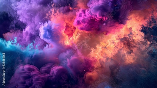 An ethereal landscape with cosmic clouds of purple, pink, and blue, evoking the surreal beauty of nebulae and celestial formations.