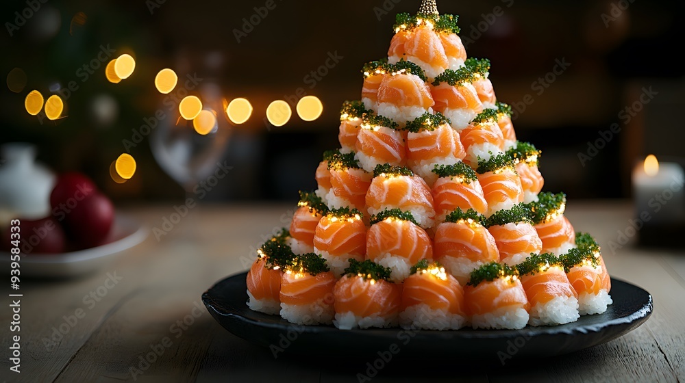 A Christmas Tree Made of Sushi Rolls with a Star Topper A Christmas Tree Made of Sushi Rolls with a Star Topper