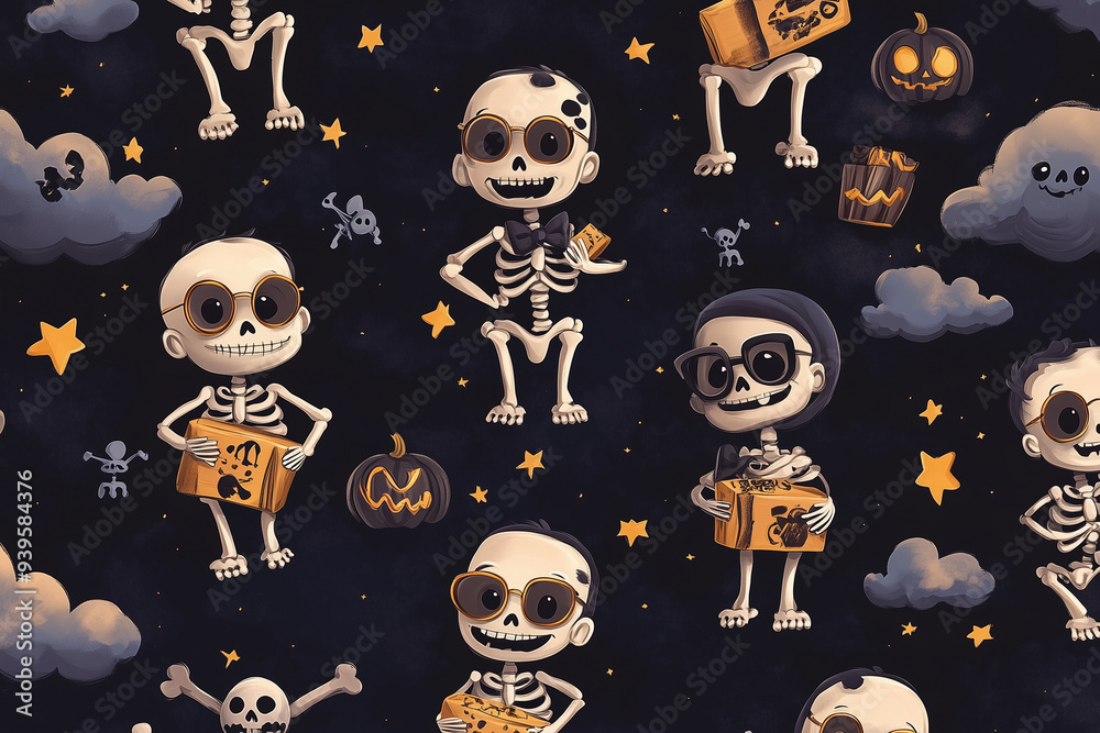 THe Halloween with environment of scary and pumpkin at night and festive Halloween accents like torn fabric and haunted houses.