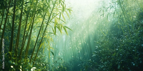 Sunlight through lush green bamboo forest.