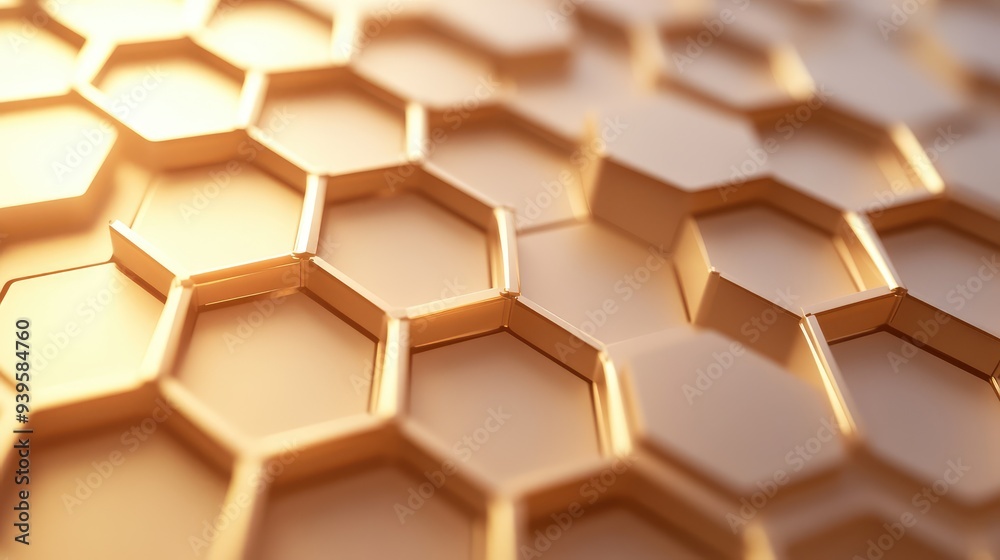 Macro view of a 3D hexagonal honeycomb with soft lighting, emphasizing the smooth texture and uniform pattern. Macro view of a 3D hexagonal honeycomb with soft lighting, emphasizing the smooth texture and uniform pattern.