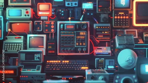 A vibrant collection of vintage electronic gadgets arranged together, accented with neon lighting and glowing buttons, showcasing a nostalgic tech era.