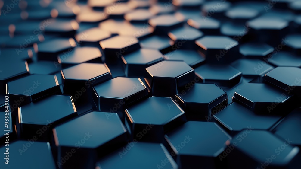 Macro view of a 3D hexagonal honeycomb pattern, with sharp, defined edges and realistic shadows. Macro view of a 3D hexagonal honeycomb pattern, with sharp, defined edges and realistic shadows.