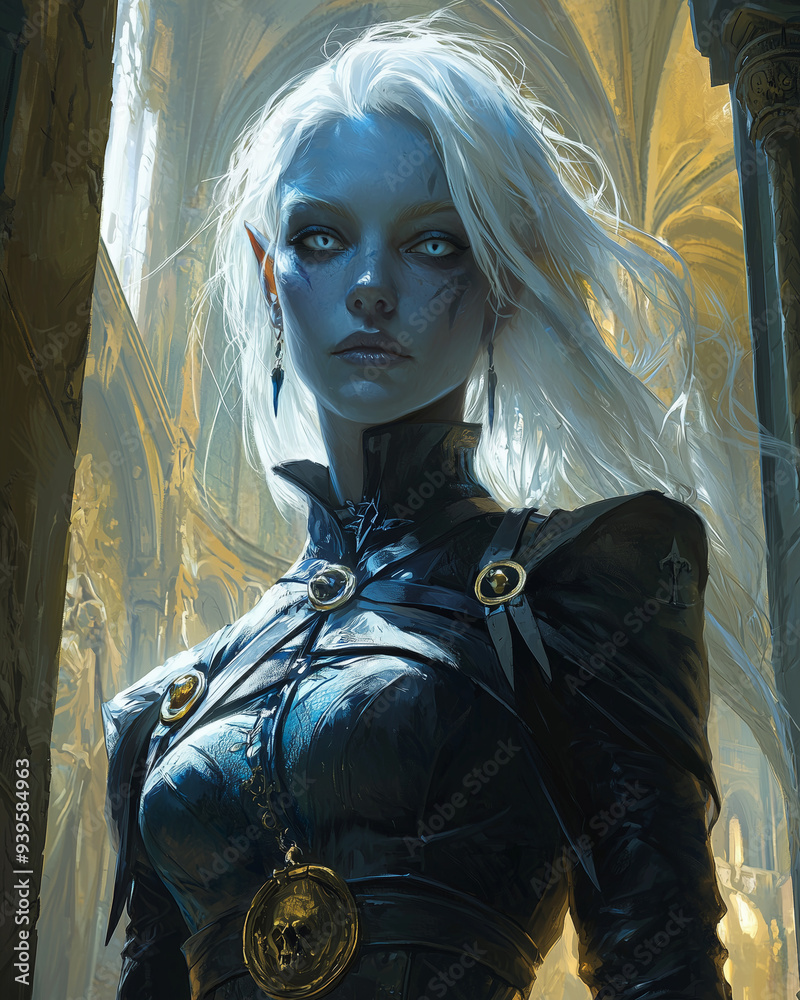 dark elven sorceress with blue skin and white hair, standing in a ...