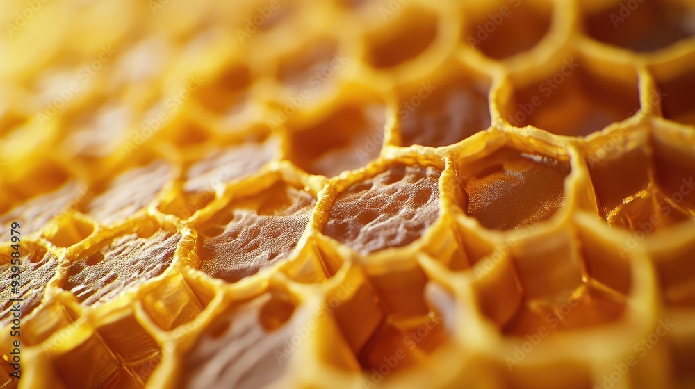Macro shot of a 3D honeycomb with six-sided hexagonal cells, capturing the sharp edges and realistic depth. Macro shot of a 3D honeycomb with six-sided hexagonal cells, capturing the sharp edges and realistic depth.