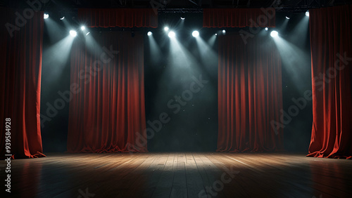 Magic Theater Stage with Red Curtains and Spotlight. Dramatic and Elegant Stage Setting.