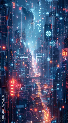 A futuristic cityscape illuminated by neon lights, showcasing towering skyscrapers and intricate digital elements around a bustling city core.