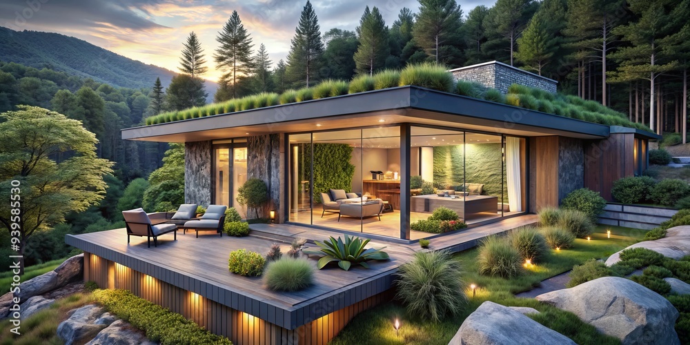 Modern Mountaintop Home with Green Roof and Deck, 3D Rendering, Architectural Visualization, Nature , Modern Architecture , Sustainable Design , Green Living Modern Mountaintop Home with Green Roof and Deck, 3D Rendering, Architectural Visualization, Nature , Modern Architecture , Sustainable Design , Green Living