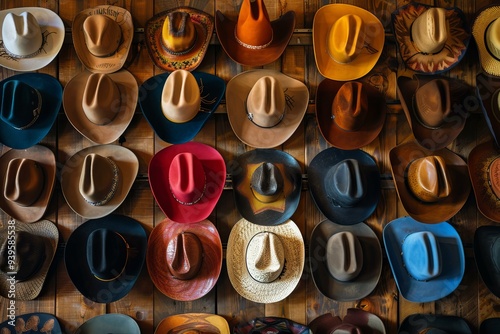Many cowboy hats are hanging on a wooden wall forming a beautiful pattern
