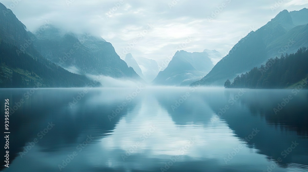 Peaceful lake with misty mountain scenery captured in high-definition for serene and calming wallpapers Peaceful lake with misty mountain scenery captured in high-definition for serene and calming wallpapers