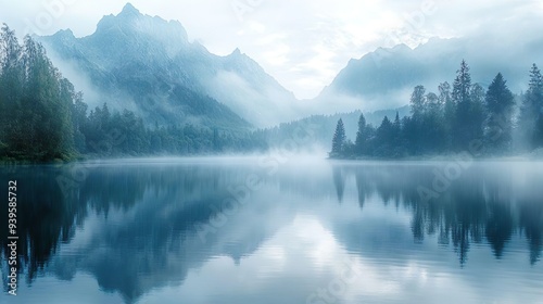 Calm lake with mist-covered mountains in the distance perfect for soothing and tranquil backgrounds