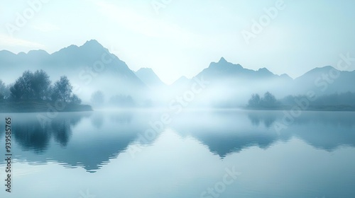 Serene lake reflecting misty mountains ideal for peaceful and calming nature-themed wallpapers