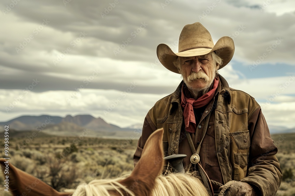 Weathered cowboy with a white mustache is riding a horse in a high desert landscape Weathered cowboy with a white mustache is riding a horse in a high desert landscape