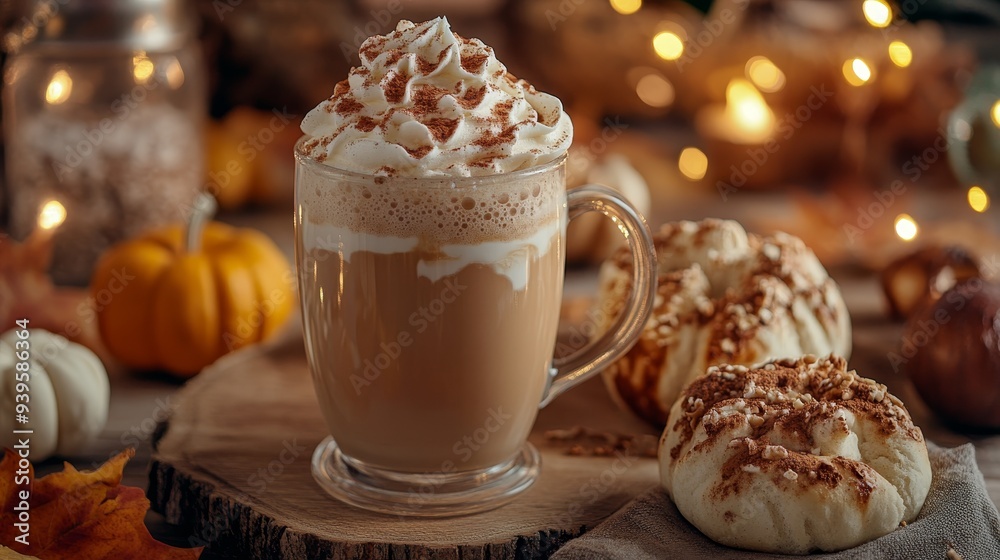 Pumpkin spice latte cup with pumpkins and autumn fall decoration background horizontal composition Pumpkin spice latte cup with pumpkins and autumn fall decoration background horizontal composition