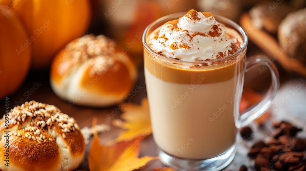 Pumpkin spice latte cup with pumpkins and autumn fall decoration background horizontal composition Pumpkin spice latte cup with pumpkins and autumn fall decoration background horizontal composition