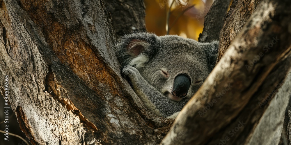 Sleeping koala nestled in a tree trunk. Sleeping koala nestled in a tree trunk.