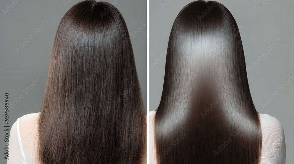 Fototapeta premium A person's hair is shown before and after a treatment, highlighting the stark contrast between the dull texture and the glossy, vibrant finish achieved through care, botox and keratin