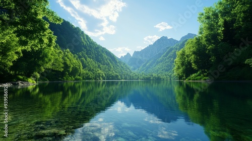 A serene mountain lake nestled amidst towering green hills. The water is crystal clear, reflecting the surrounding landscape. This image evokes feelings of peace, tranquility, and connection to nature