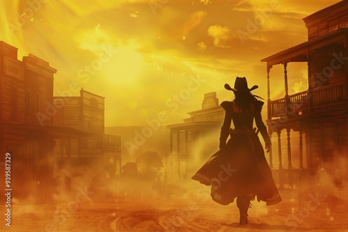 Silhouette of a cowgirl walking away from a dusty gunfight at sunset in a western town photo