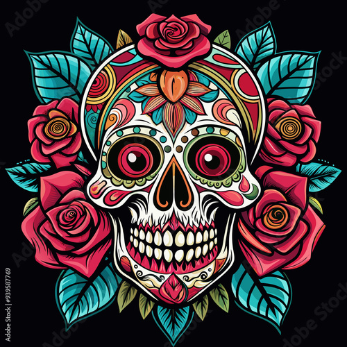 t-shirt print - skull decorated with bright roses and decorative elements symbolizing the Day of the Dead in the style of Chicano tattoo on a black background without touching the edges