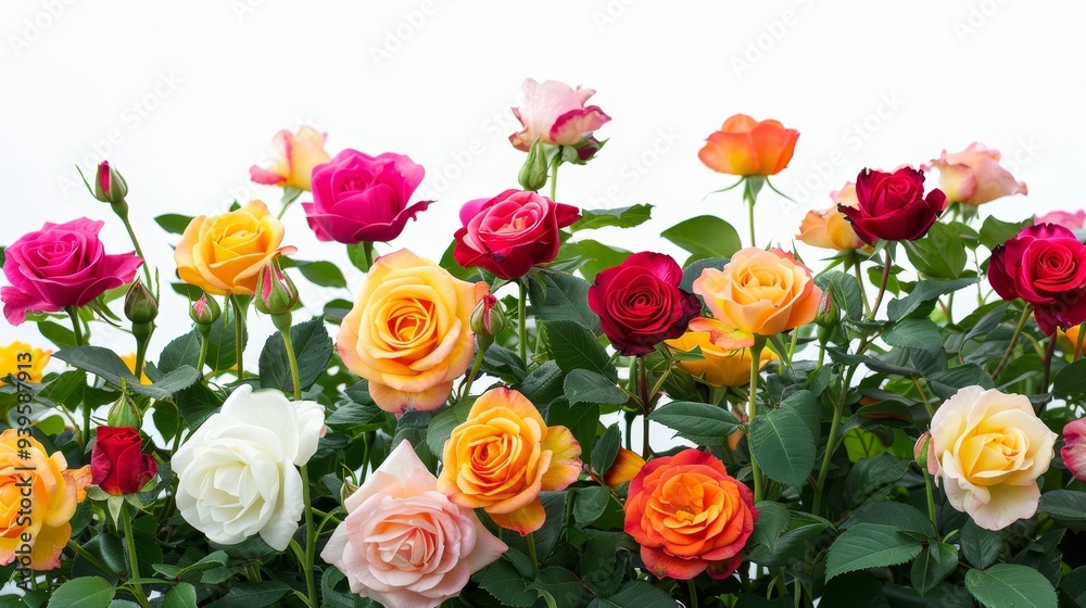 Red colorful rose bushes flowers isolated on white background horizontal composition Red colorful rose bushes flowers isolated on white background horizontal composition