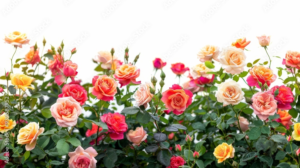 Red colorful rose bushes flowers isolated on white background horizontal composition Red colorful rose bushes flowers isolated on white background horizontal composition