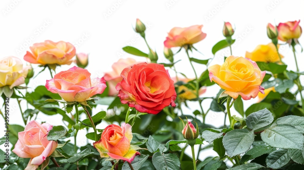 Red colorful rose bushes flowers isolated on white background horizontal composition