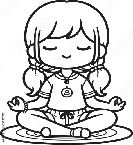 A cartoon style cute girl meditation line art design