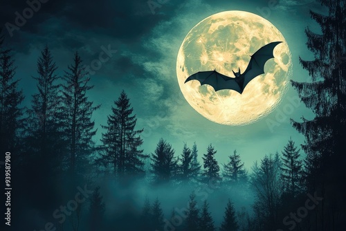Bat in fly under a full moon.