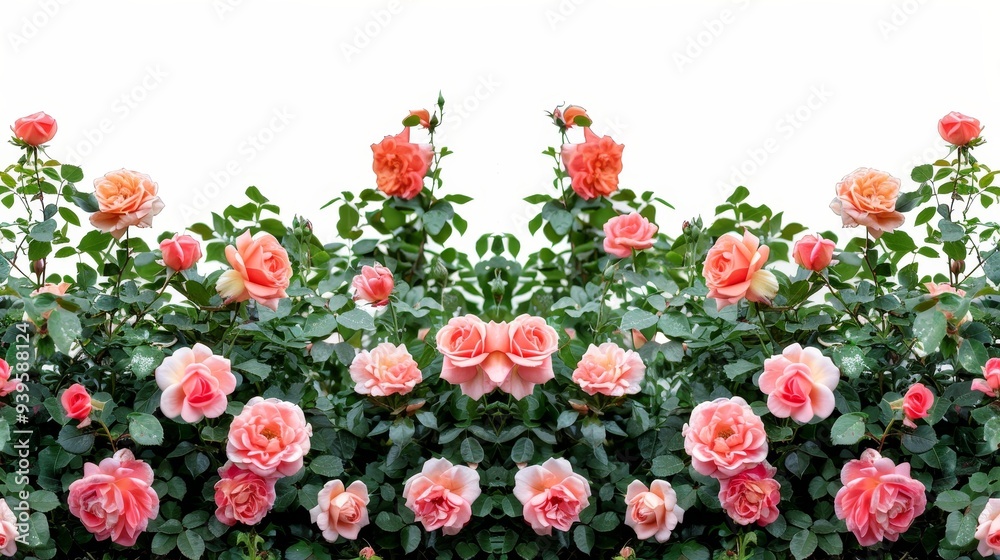 Red colorful rose bushes flowers isolated on white background horizontal composition Red colorful rose bushes flowers isolated on white background horizontal composition
