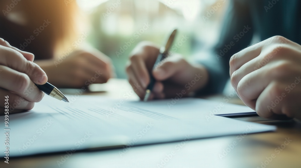 Close-up of a real estate agent or realtor signing a mortgage agreement for a new home with a couple of young clients. Home buying, real estate transactions, property ownership.