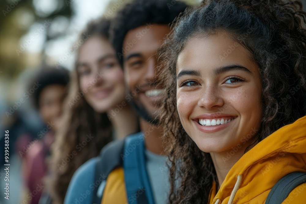 Group of diverse people outside smiling, Generative AI Group of diverse people outside smiling, Generative AI