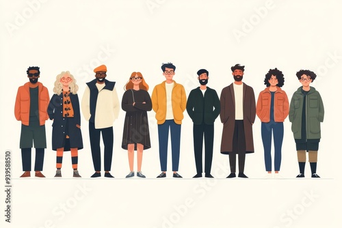 Crowd of young and elderly men and women in trendy hipster clothes. Diverse group of stylish people standing together. Society or population, social diversity. Flat cartoon , Generative AI