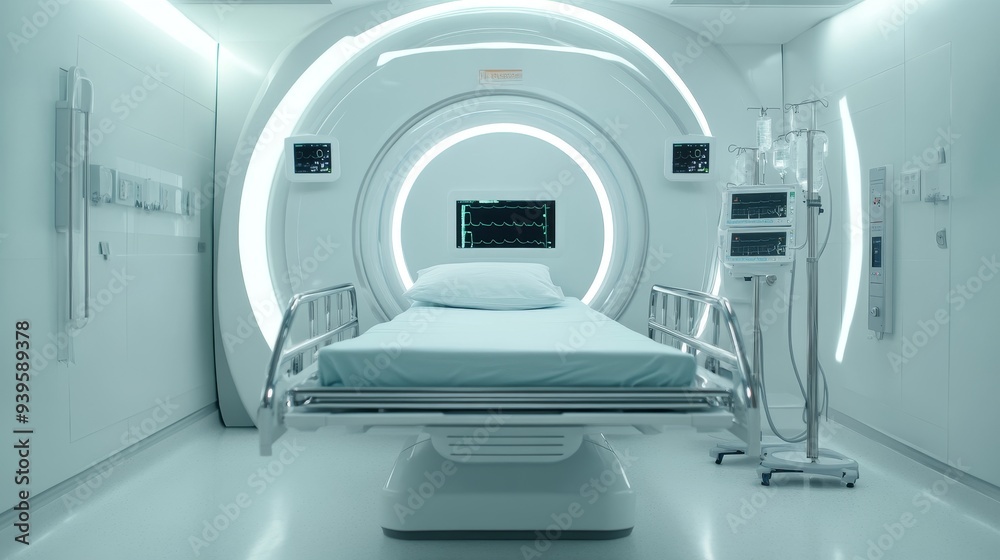 A sterile and futuristic hospital room with a single bed, medical equipment, and a minimalist design. The room is brightly lit with white walls and ceiling. The bed is adjustable and features a built- A sterile and futuristic hospital room with a single bed, medical equipment, and a minimalist design. The room is brightly lit with white walls and ceiling. The bed is adjustable and features a built-