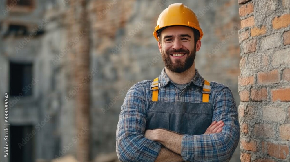 Confident Construction Worker Smiling in Hard Hat and Overalls